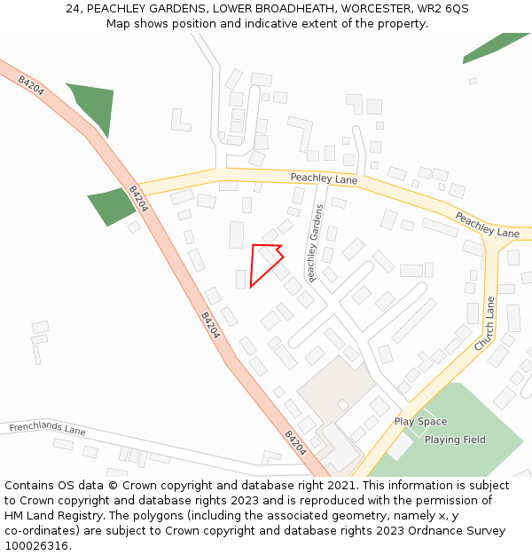 24, PEACHLEY GARDENS, LOWER BROADHEATH, WORCESTER, WR2 6QS: Location map and indicative extent of plot