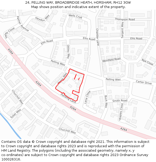 24, PELLING WAY, BROADBRIDGE HEATH, HORSHAM, RH12 3GW: Location map and indicative extent of plot