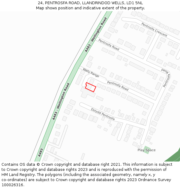 24, PENTROSFA ROAD, LLANDRINDOD WELLS, LD1 5NL: Location map and indicative extent of plot