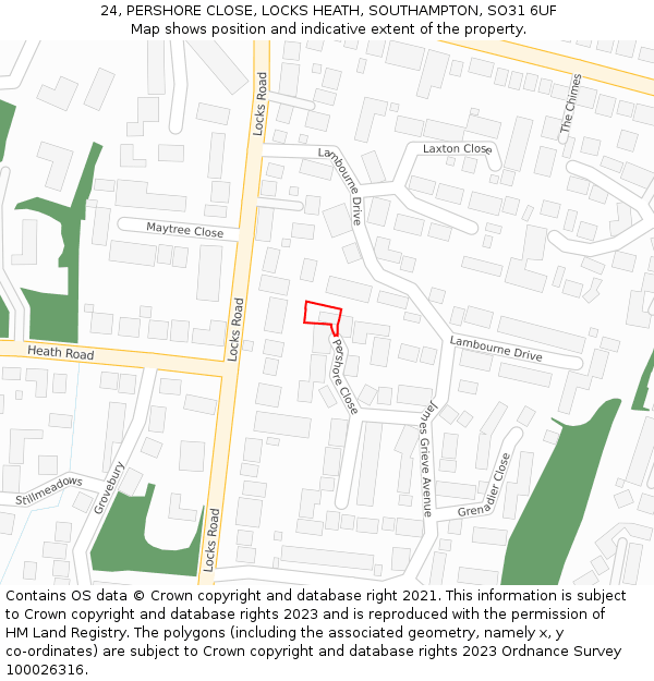 24, PERSHORE CLOSE, LOCKS HEATH, SOUTHAMPTON, SO31 6UF: Location map and indicative extent of plot