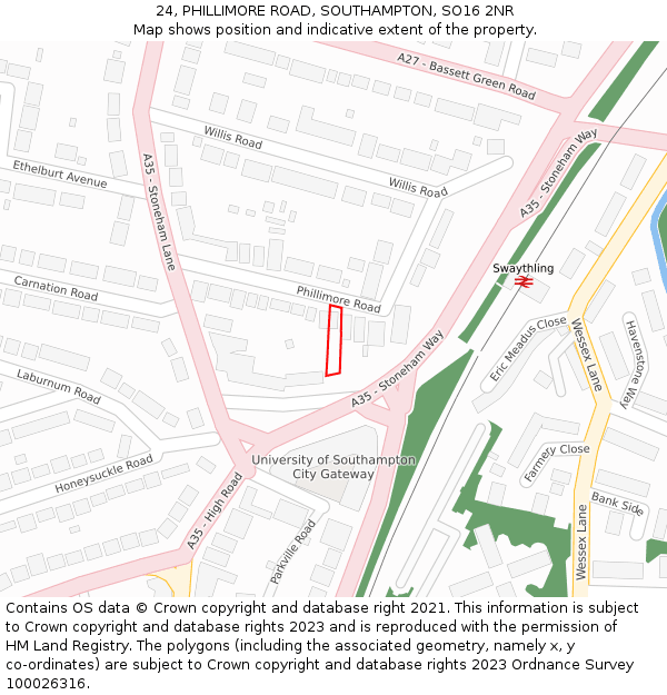 24, PHILLIMORE ROAD, SOUTHAMPTON, SO16 2NR: Location map and indicative extent of plot