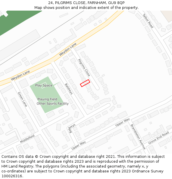 24, PILGRIMS CLOSE, FARNHAM, GU9 8QP: Location map and indicative extent of plot
