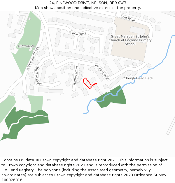 24, PINEWOOD DRIVE, NELSON, BB9 0WB: Location map and indicative extent of plot