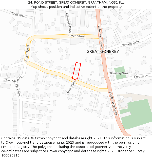 24, POND STREET, GREAT GONERBY, GRANTHAM, NG31 8LL: Location map and indicative extent of plot