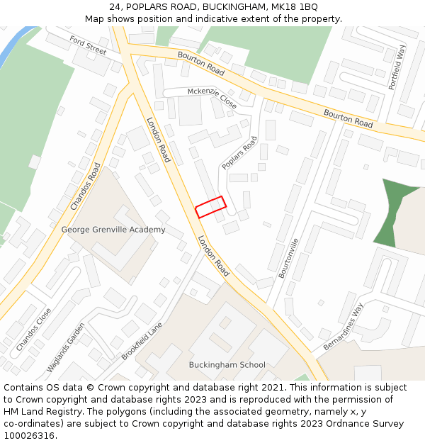 24, POPLARS ROAD, BUCKINGHAM, MK18 1BQ: Location map and indicative extent of plot