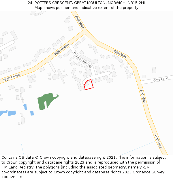 24, POTTERS CRESCENT, GREAT MOULTON, NORWICH, NR15 2HL: Location map and indicative extent of plot