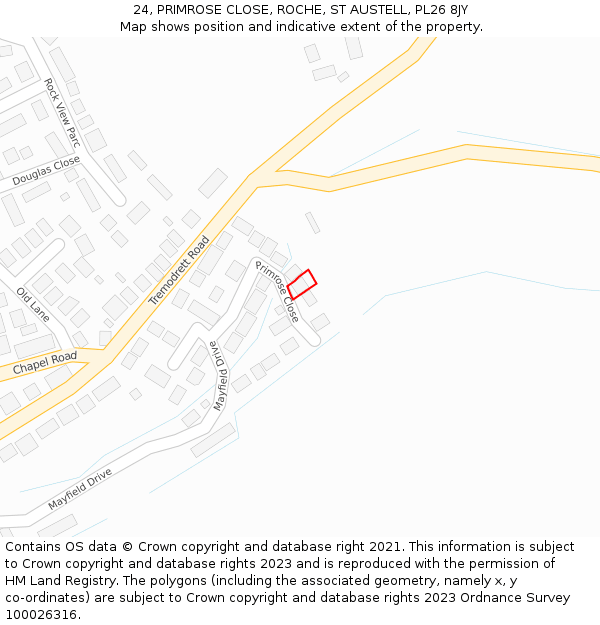 24, PRIMROSE CLOSE, ROCHE, ST AUSTELL, PL26 8JY: Location map and indicative extent of plot