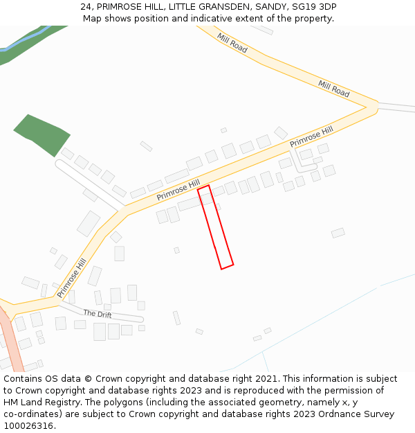 24, PRIMROSE HILL, LITTLE GRANSDEN, SANDY, SG19 3DP: Location map and indicative extent of plot