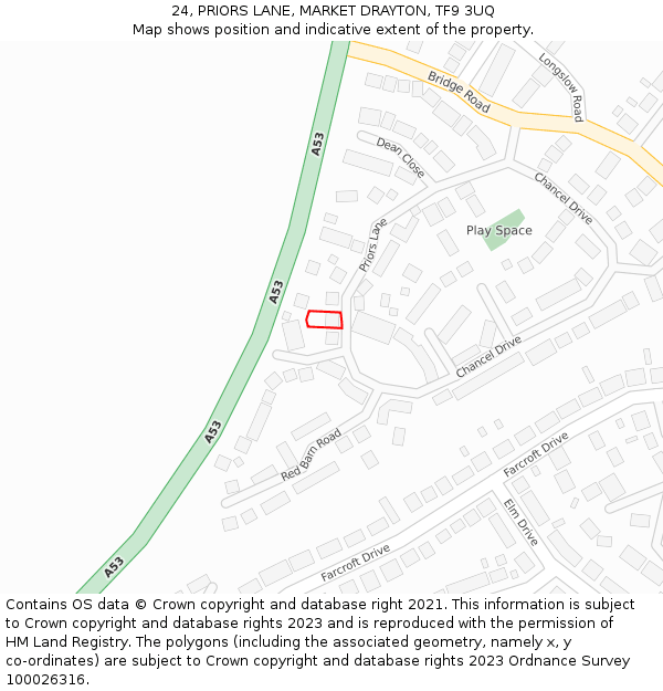 24, PRIORS LANE, MARKET DRAYTON, TF9 3UQ: Location map and indicative extent of plot