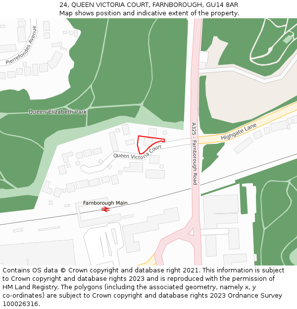 24, QUEEN VICTORIA COURT, FARNBOROUGH, GU14 8AR: Location map and indicative extent of plot