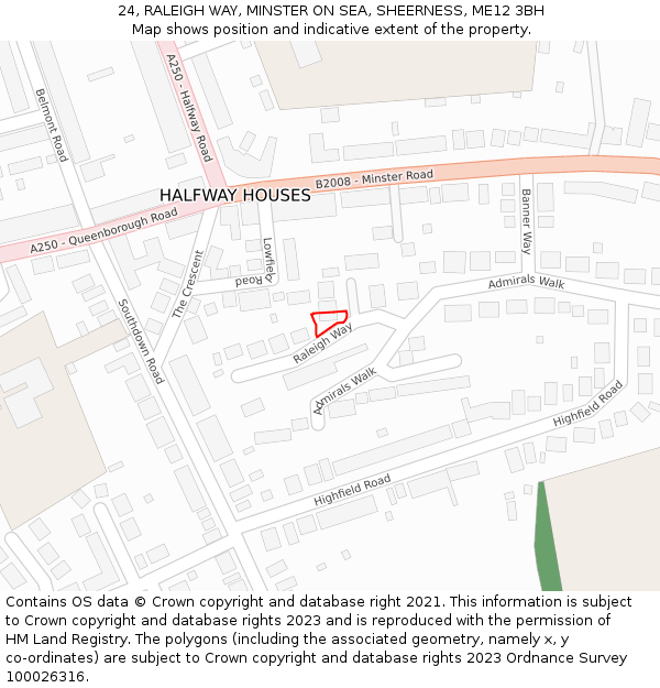 24, RALEIGH WAY, MINSTER ON SEA, SHEERNESS, ME12 3BH: Location map and indicative extent of plot