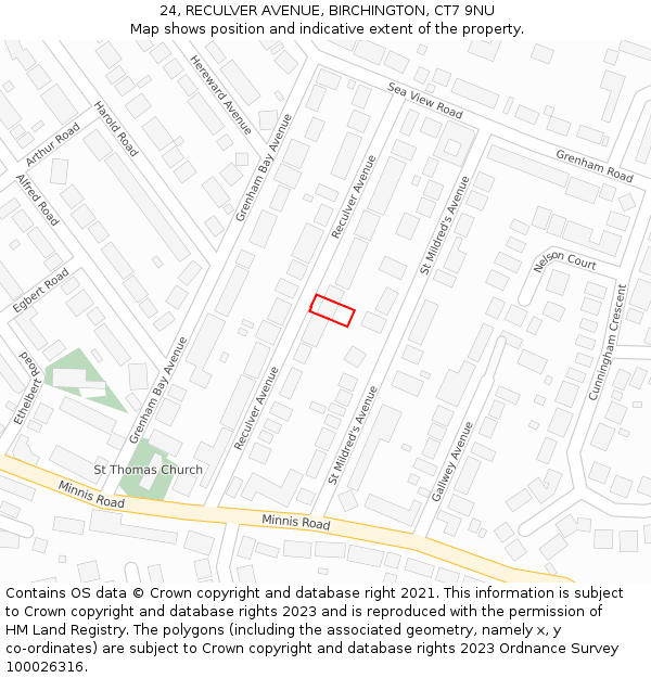 24, RECULVER AVENUE, BIRCHINGTON, CT7 9NU: Location map and indicative extent of plot