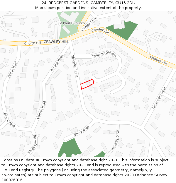 24, REDCREST GARDENS, CAMBERLEY, GU15 2DU: Location map and indicative extent of plot