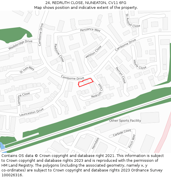 24, REDRUTH CLOSE, NUNEATON, CV11 6FG: Location map and indicative extent of plot