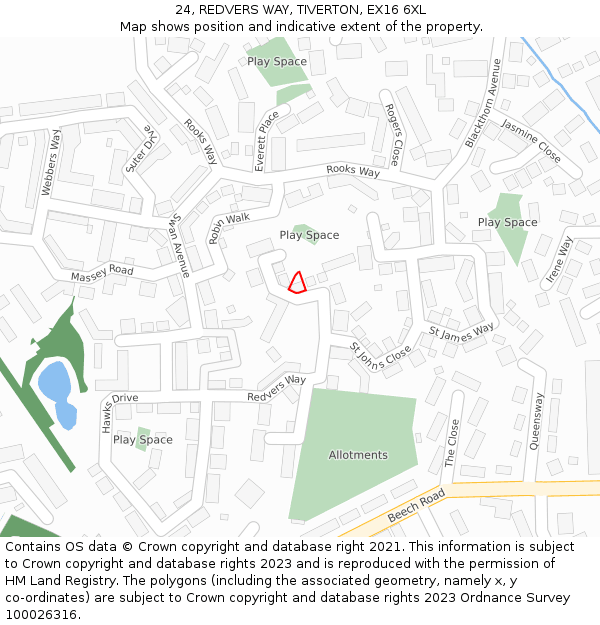 24, REDVERS WAY, TIVERTON, EX16 6XL: Location map and indicative extent of plot