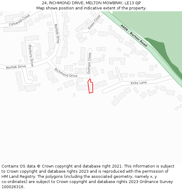 24, RICHMOND DRIVE, MELTON MOWBRAY, LE13 0JP: Location map and indicative extent of plot