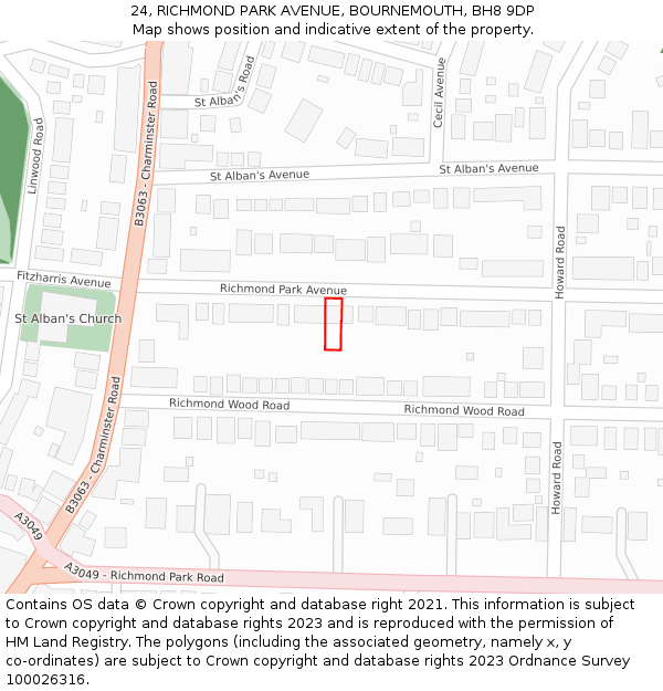 24, RICHMOND PARK AVENUE, BOURNEMOUTH, BH8 9DP: Location map and indicative extent of plot