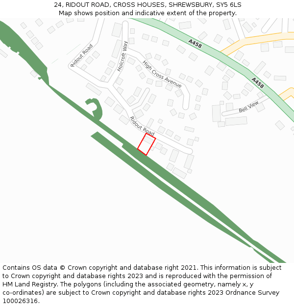 24, RIDOUT ROAD, CROSS HOUSES, SHREWSBURY, SY5 6LS: Location map and indicative extent of plot