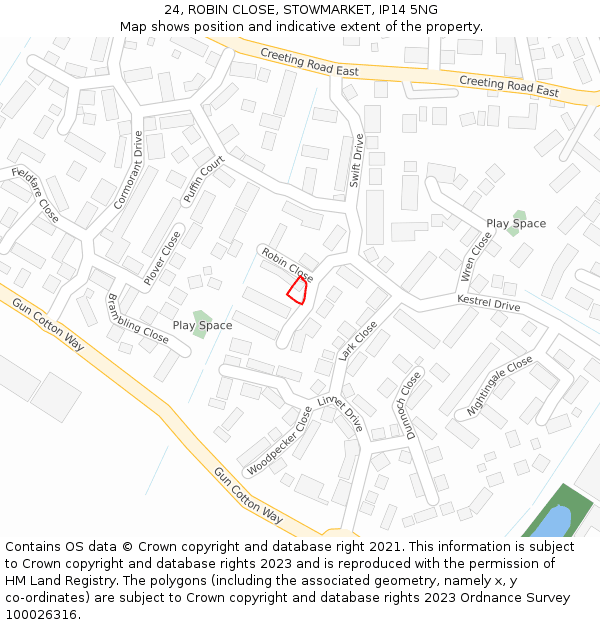 24, ROBIN CLOSE, STOWMARKET, IP14 5NG: Location map and indicative extent of plot