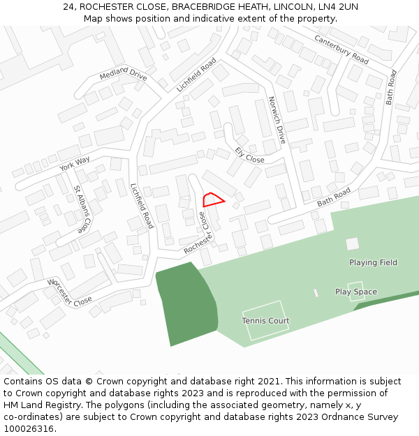 24, ROCHESTER CLOSE, BRACEBRIDGE HEATH, LINCOLN, LN4 2UN: Location map and indicative extent of plot