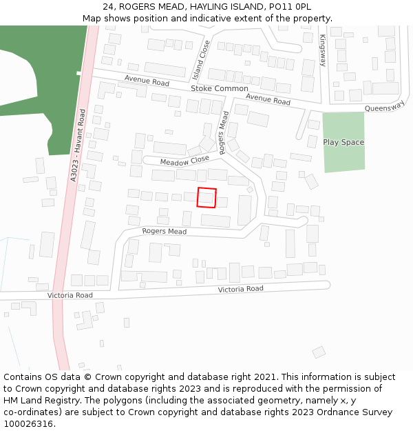 24, ROGERS MEAD, HAYLING ISLAND, PO11 0PL: Location map and indicative extent of plot