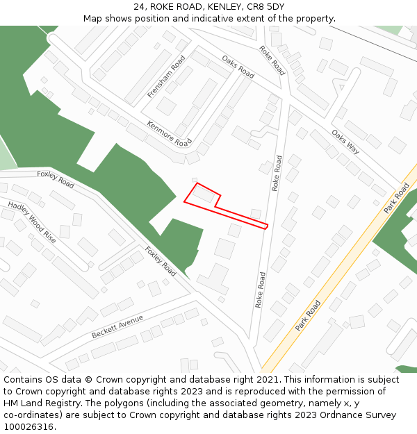 24, ROKE ROAD, KENLEY, CR8 5DY: Location map and indicative extent of plot