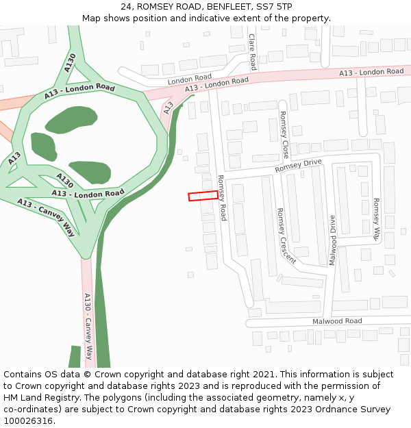 24, ROMSEY ROAD, BENFLEET, SS7 5TP: Location map and indicative extent of plot