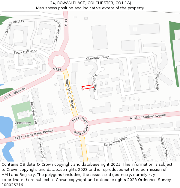 24, ROWAN PLACE, COLCHESTER, CO1 1AJ: Location map and indicative extent of plot