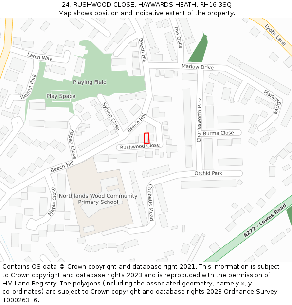 24, RUSHWOOD CLOSE, HAYWARDS HEATH, RH16 3SQ: Location map and indicative extent of plot