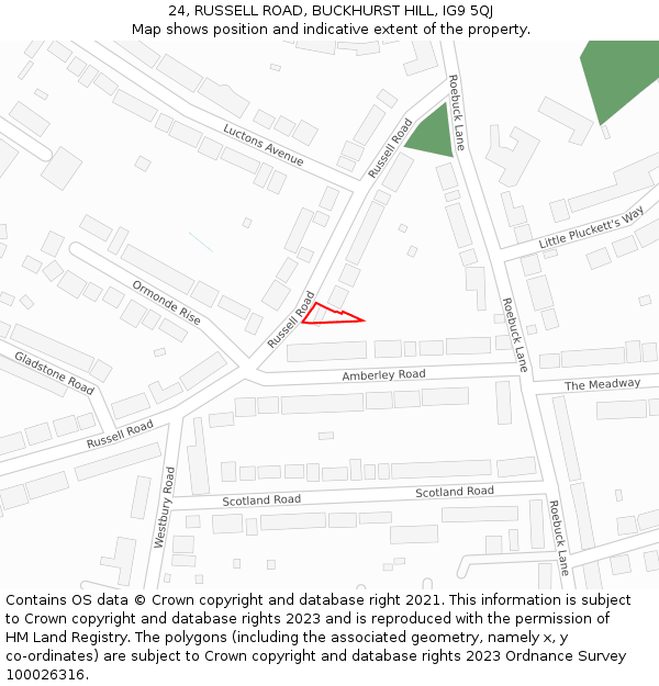 24, RUSSELL ROAD, BUCKHURST HILL, IG9 5QJ: Location map and indicative extent of plot