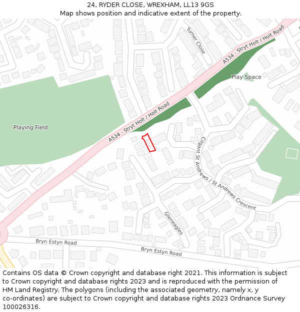 24, RYDER CLOSE, WREXHAM, LL13 9GS: Location map and indicative extent of plot