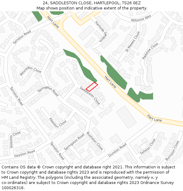 24, SADDLESTON CLOSE, HARTLEPOOL, TS26 0EZ: Location map and indicative extent of plot