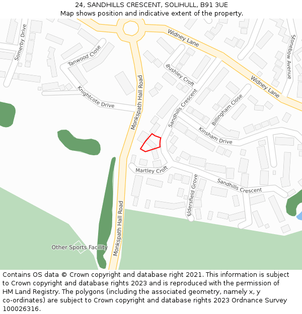 24, SANDHILLS CRESCENT, SOLIHULL, B91 3UE: Location map and indicative extent of plot