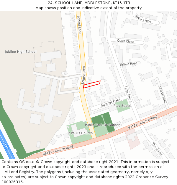 24, SCHOOL LANE, ADDLESTONE, KT15 1TB: Location map and indicative extent of plot