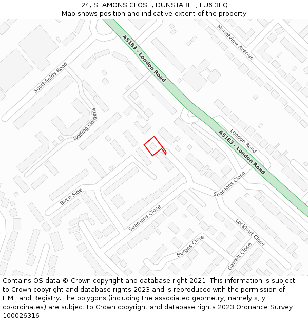 24, SEAMONS CLOSE, DUNSTABLE, LU6 3EQ: Location map and indicative extent of plot