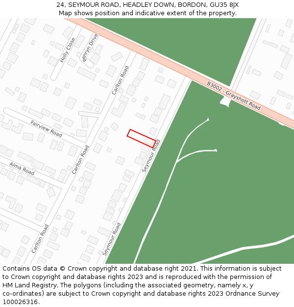 24, SEYMOUR ROAD, HEADLEY DOWN, BORDON, GU35 8JX: Location map and indicative extent of plot