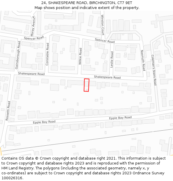 24, SHAKESPEARE ROAD, BIRCHINGTON, CT7 9ET: Location map and indicative extent of plot