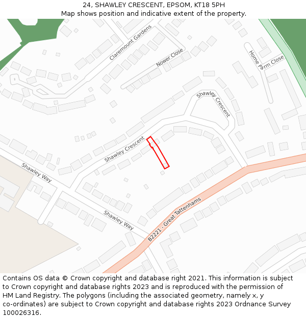 24, SHAWLEY CRESCENT, EPSOM, KT18 5PH: Location map and indicative extent of plot