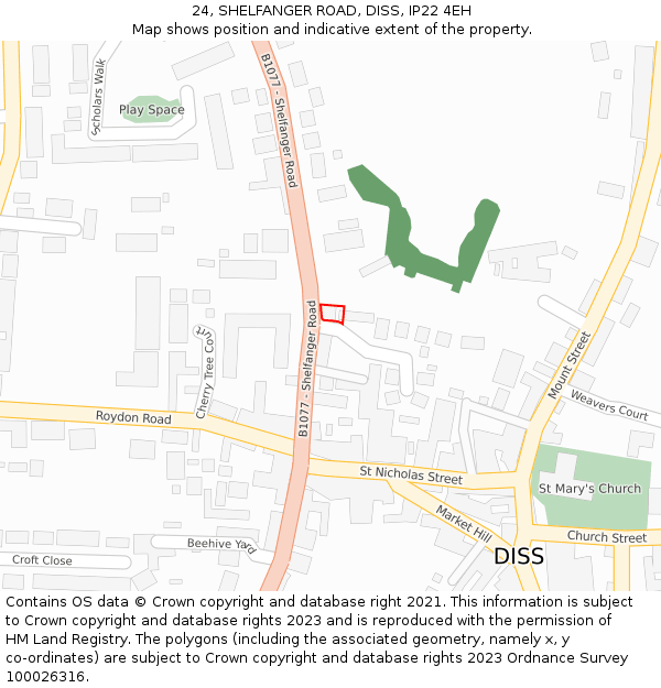 24, SHELFANGER ROAD, DISS, IP22 4EH: Location map and indicative extent of plot