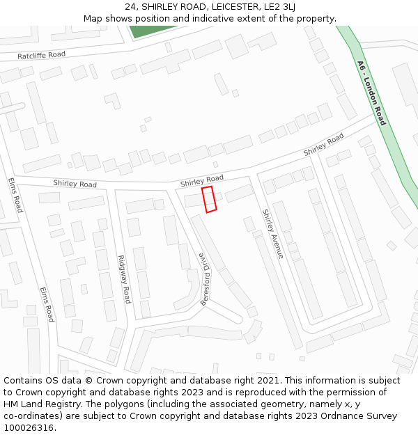 24, SHIRLEY ROAD, LEICESTER, LE2 3LJ: Location map and indicative extent of plot