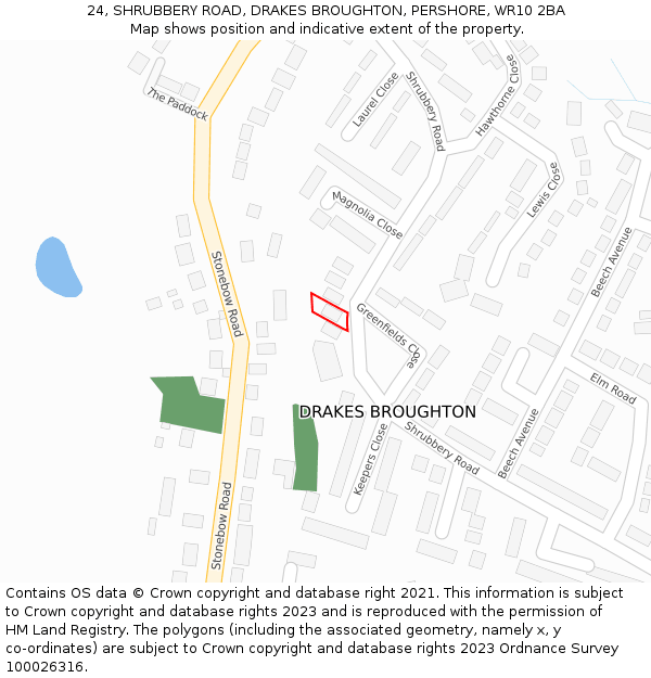 24, SHRUBBERY ROAD, DRAKES BROUGHTON, PERSHORE, WR10 2BA: Location map and indicative extent of plot