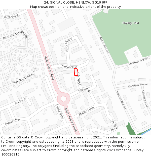 24, SIGNAL CLOSE, HENLOW, SG16 6FF: Location map and indicative extent of plot