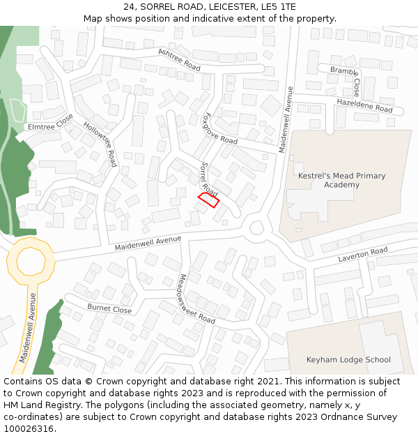 24, SORREL ROAD, LEICESTER, LE5 1TE: Location map and indicative extent of plot