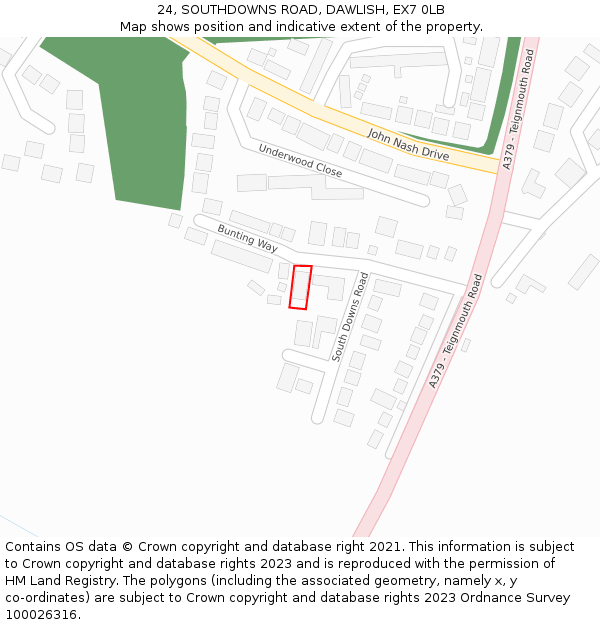 24, SOUTHDOWNS ROAD, DAWLISH, EX7 0LB: Location map and indicative extent of plot