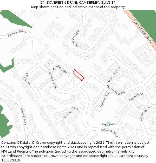 24, SOVEREIGN DRIVE, CAMBERLEY, GU15 1PJ: Location map and indicative extent of plot