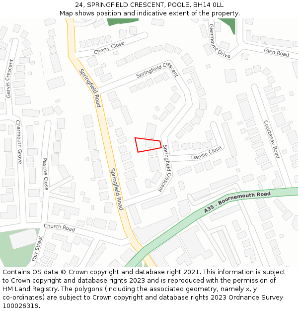24, SPRINGFIELD CRESCENT, POOLE, BH14 0LL: Location map and indicative extent of plot