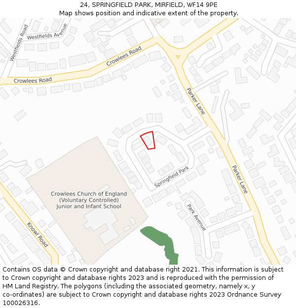 24, SPRINGFIELD PARK, MIRFIELD, WF14 9PE: Location map and indicative extent of plot