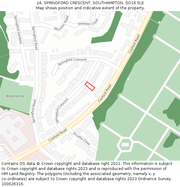 24, SPRINGFORD CRESCENT, SOUTHAMPTON, SO16 5LE: Location map and indicative extent of plot