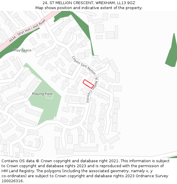 24, ST MELLION CRESCENT, WREXHAM, LL13 9GZ: Location map and indicative extent of plot