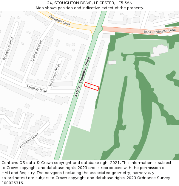 24, STOUGHTON DRIVE, LEICESTER, LE5 6AN: Location map and indicative extent of plot